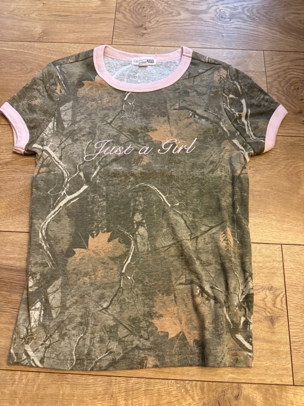 Just a Girl Camo Tee with Pink Trim - juniors- worn maybe twice